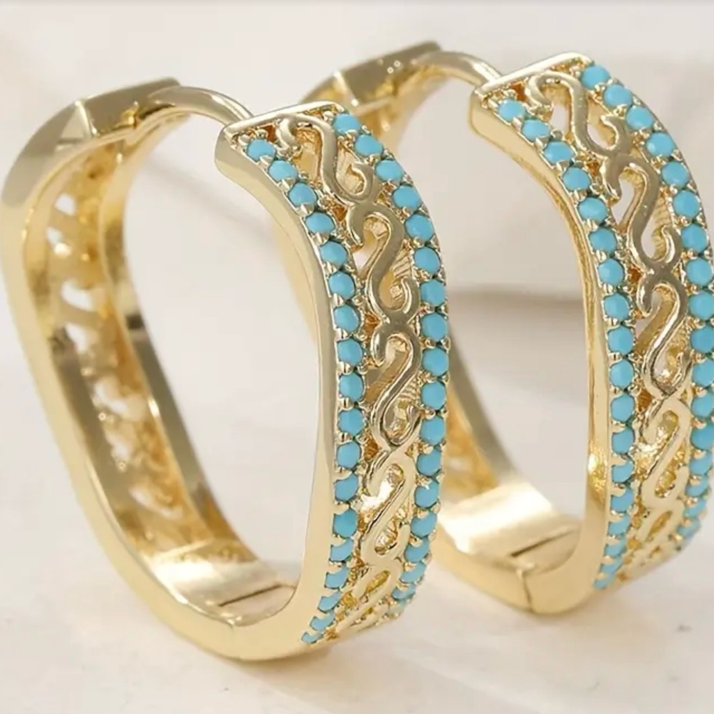 New 14k Gold Plated And Turquoise Hoop Earrings